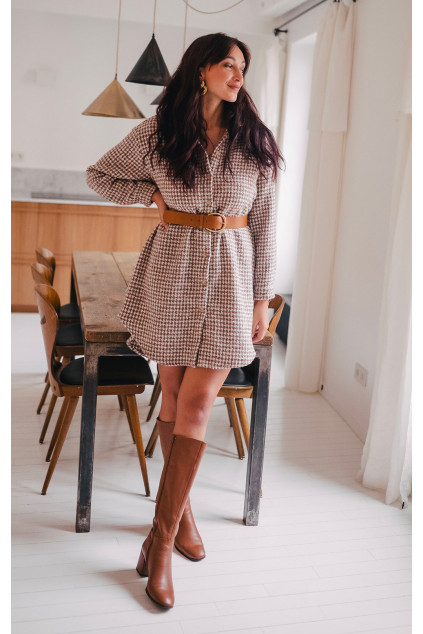 ROBE LISON PIED DE POULE CAMEL