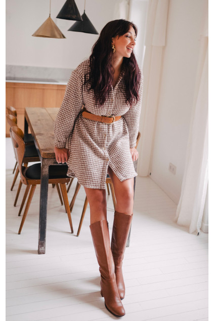 CAMEL HOUNDSTOOTH LISON DRESS