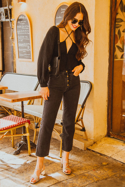 TOP QUITERIE LIN VISCOSE NOIR