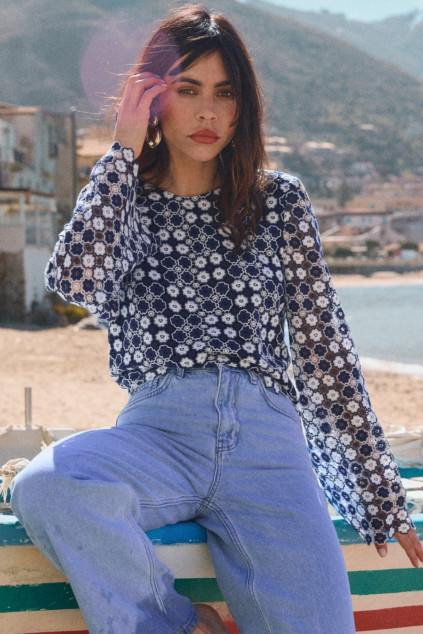 BLOUSE BLOSSOM GUIPURE MARINE